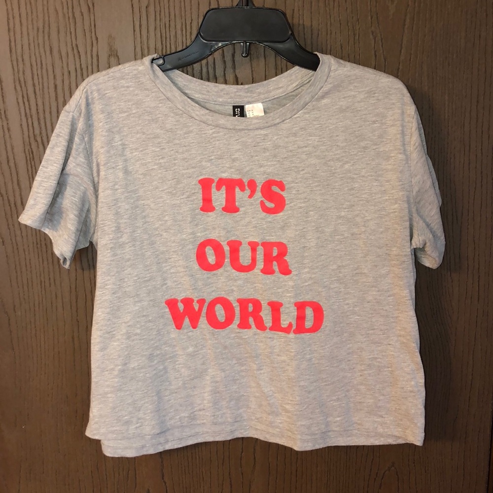 Cropped loose graphic tee “IT’S OUR WORLD”
